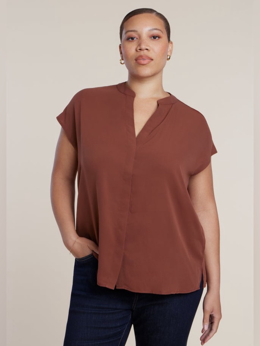 Eloquii Short-Sleeve Notch Collar Blouse Top in Topaz Brown, Women's 22